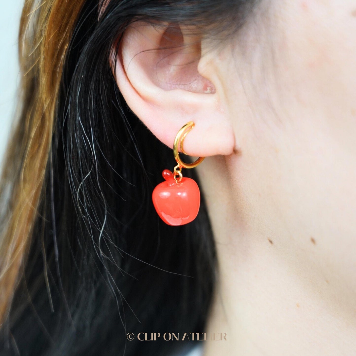 Clip On Earrings Apple Red Green Fruit Gold Hoop Earring Cute Huggies  | Pain Free Clip Coil | Non Pierced Ears | Christmas Jewelry Gift Kid