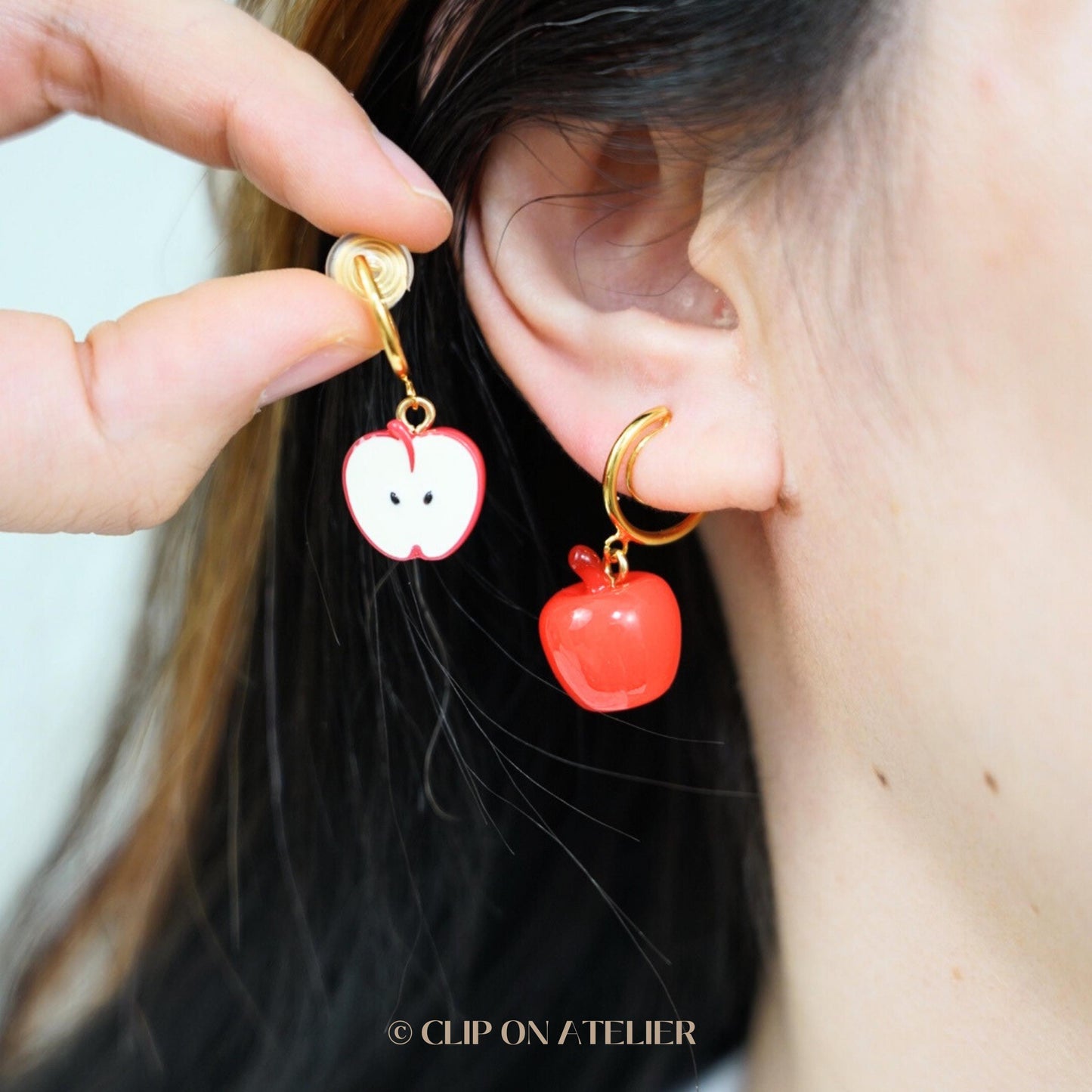 Clip On Earrings Apple Red Green Fruit Gold Hoop Earring Cute Huggies  | Pain Free Clip Coil | Non Pierced Ears | Christmas Jewelry Gift Kid