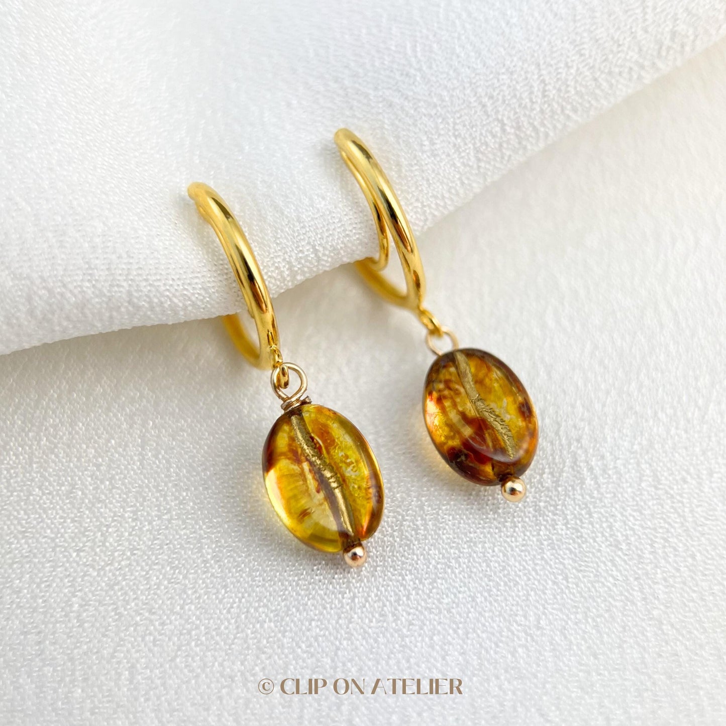 Clip On Earrings Coffee Bean Cute Huggies Ear Clips Gold Hoops, Pain Free Clip Coil, Non Pierced Ears, Funny Christmas Jewelry Gift Kid Her