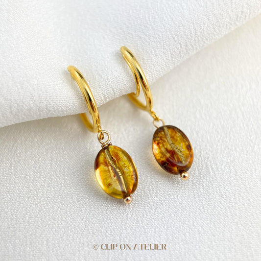 Clip On Earrings Coffee Bean Cute Huggies Ear Clips Gold Hoops, Pain Free Clip Coil, Non Pierced Ears, Funny Christmas Jewelry Gift Kid Her