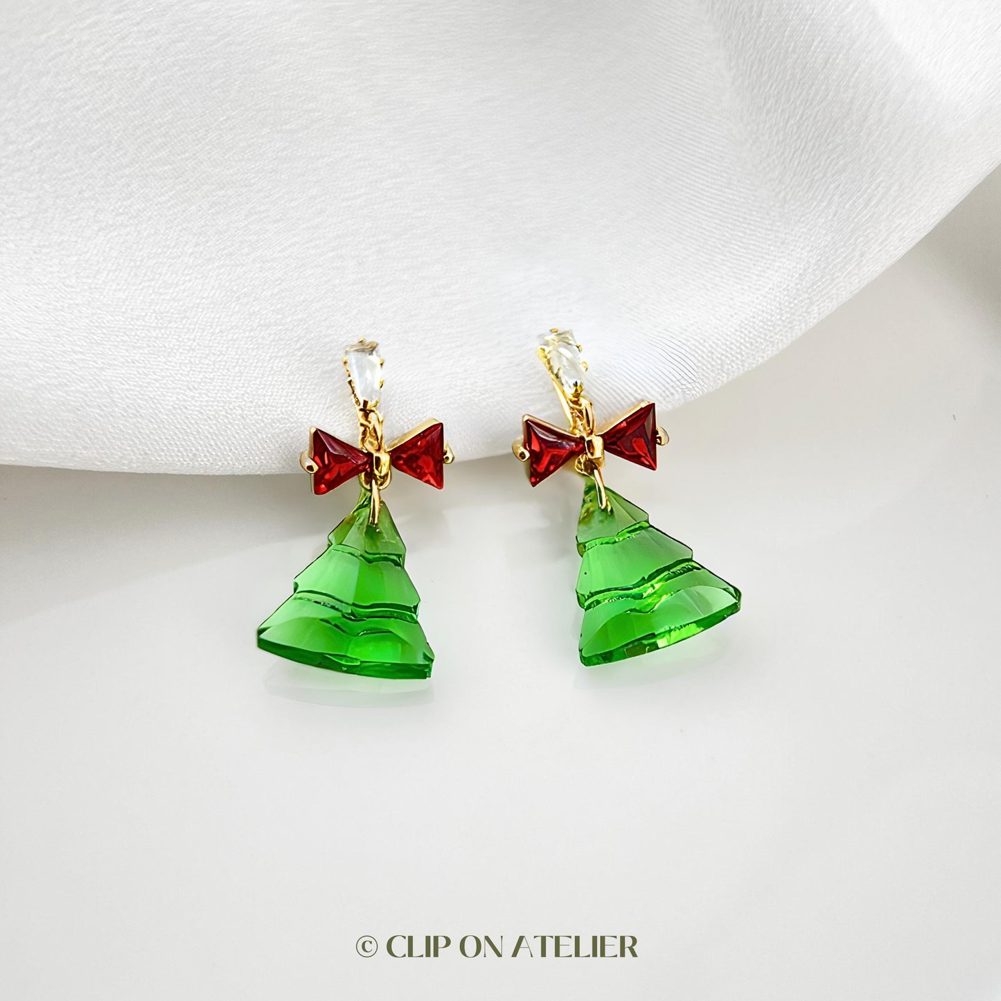 Sparkly Crystal Christmas Tree Clip On Earrings