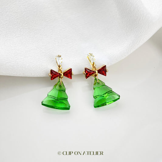Sparkly Crystal Christmas Tree Clip On Earrings