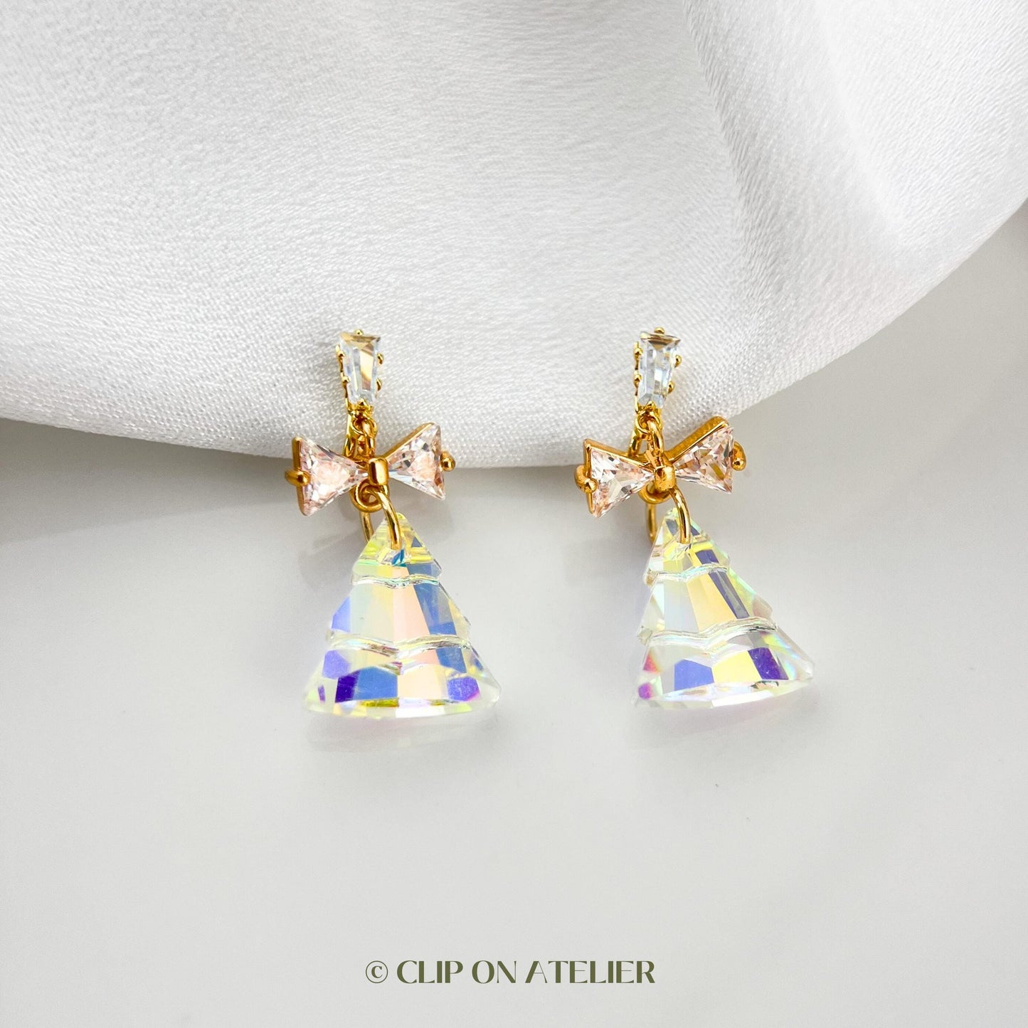 Sparkly Crystal Christmas Tree Clip On Earrings