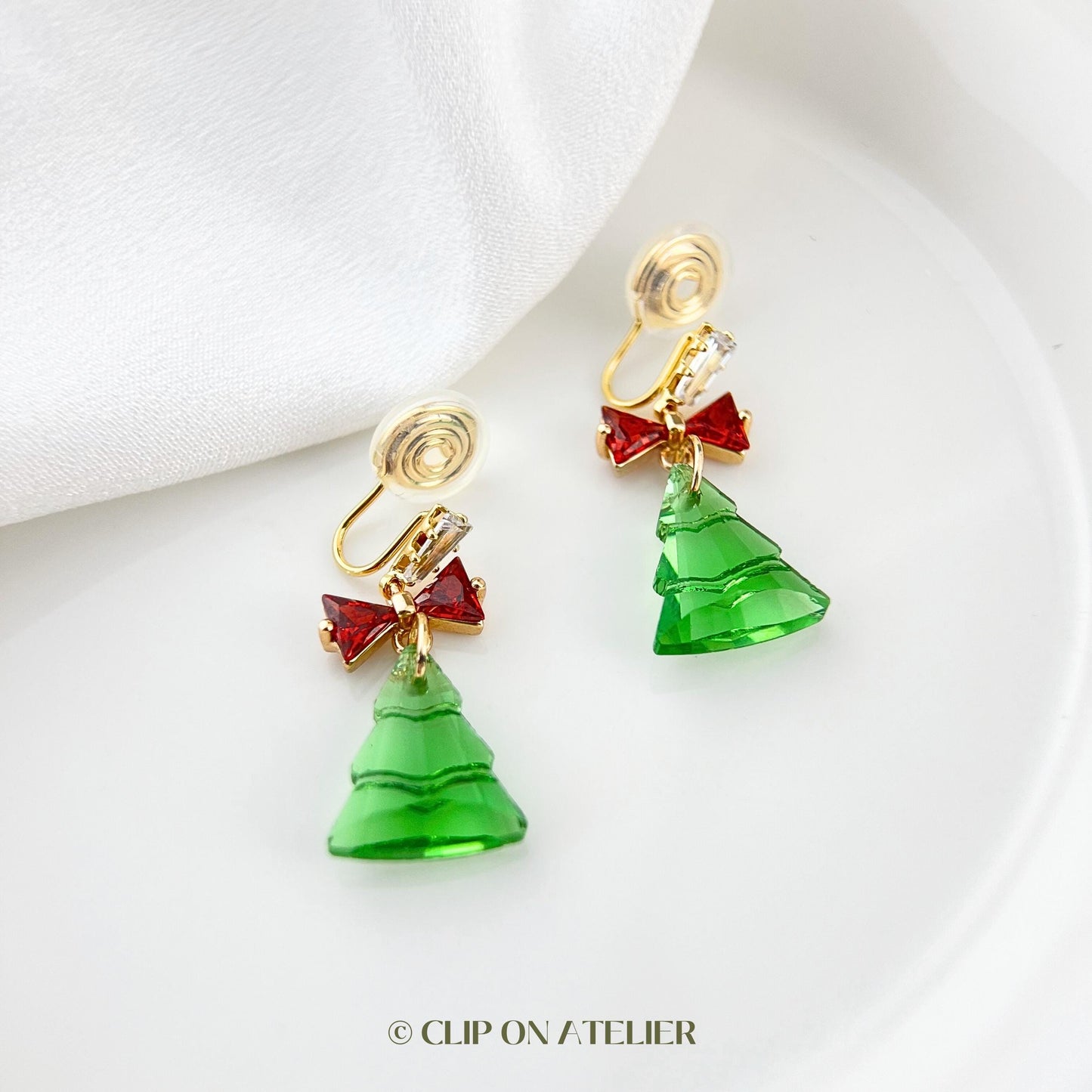 Sparkly Crystal Christmas Tree Clip On Earrings
