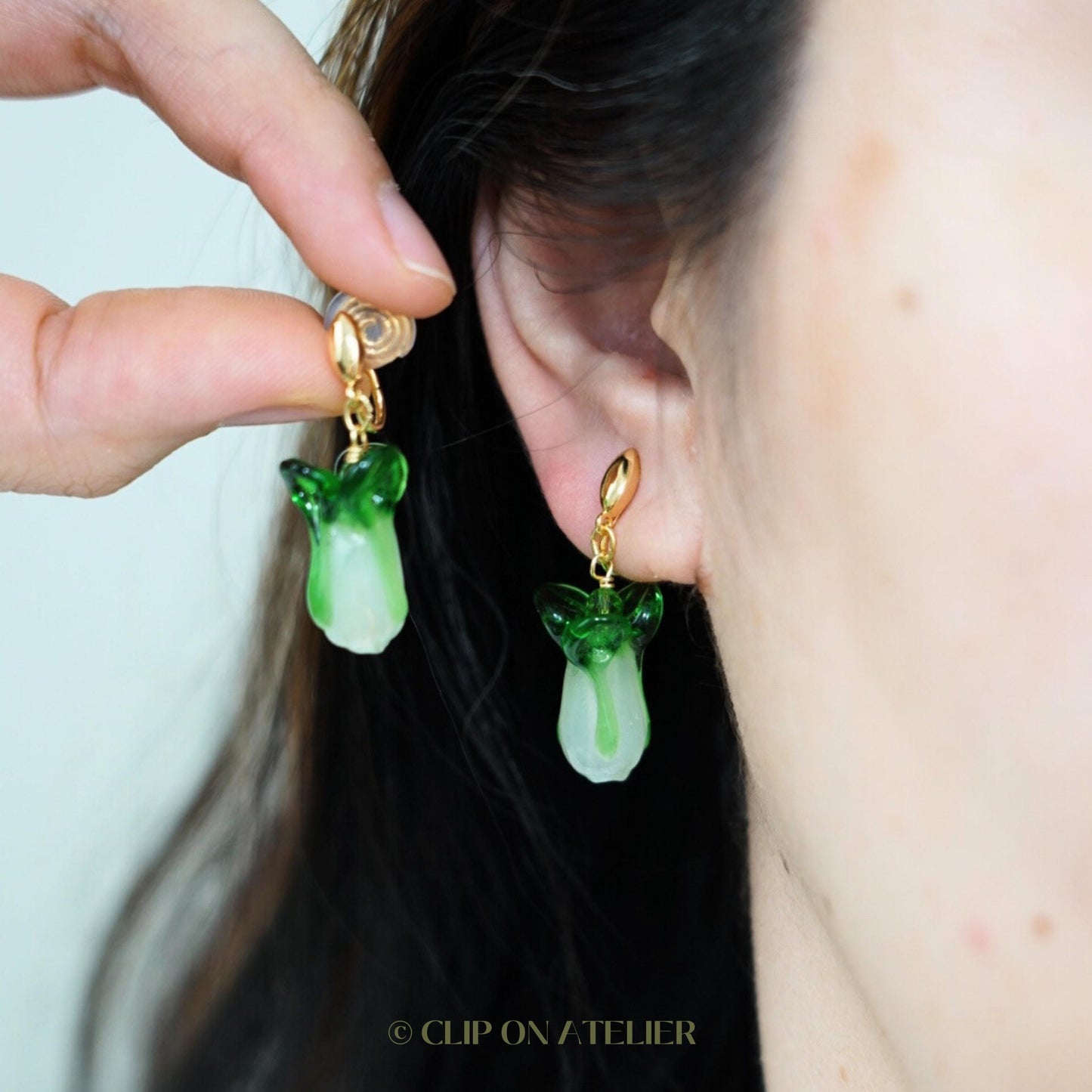 Clip On Earrings Green Vegetable Bok Choy Cute Earring Ear Clips  | Pain Free Clip Coil | Non Pierced Ears | Christmas Jewelry Gift Kid Her