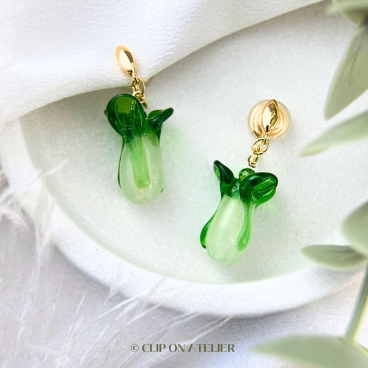 Clip On Earrings Green Vegetable Bok Choy Cute Earring Ear Clips  | Pain Free Clip Coil | Non Pierced Ears | Christmas Jewelry Gift Kid Her