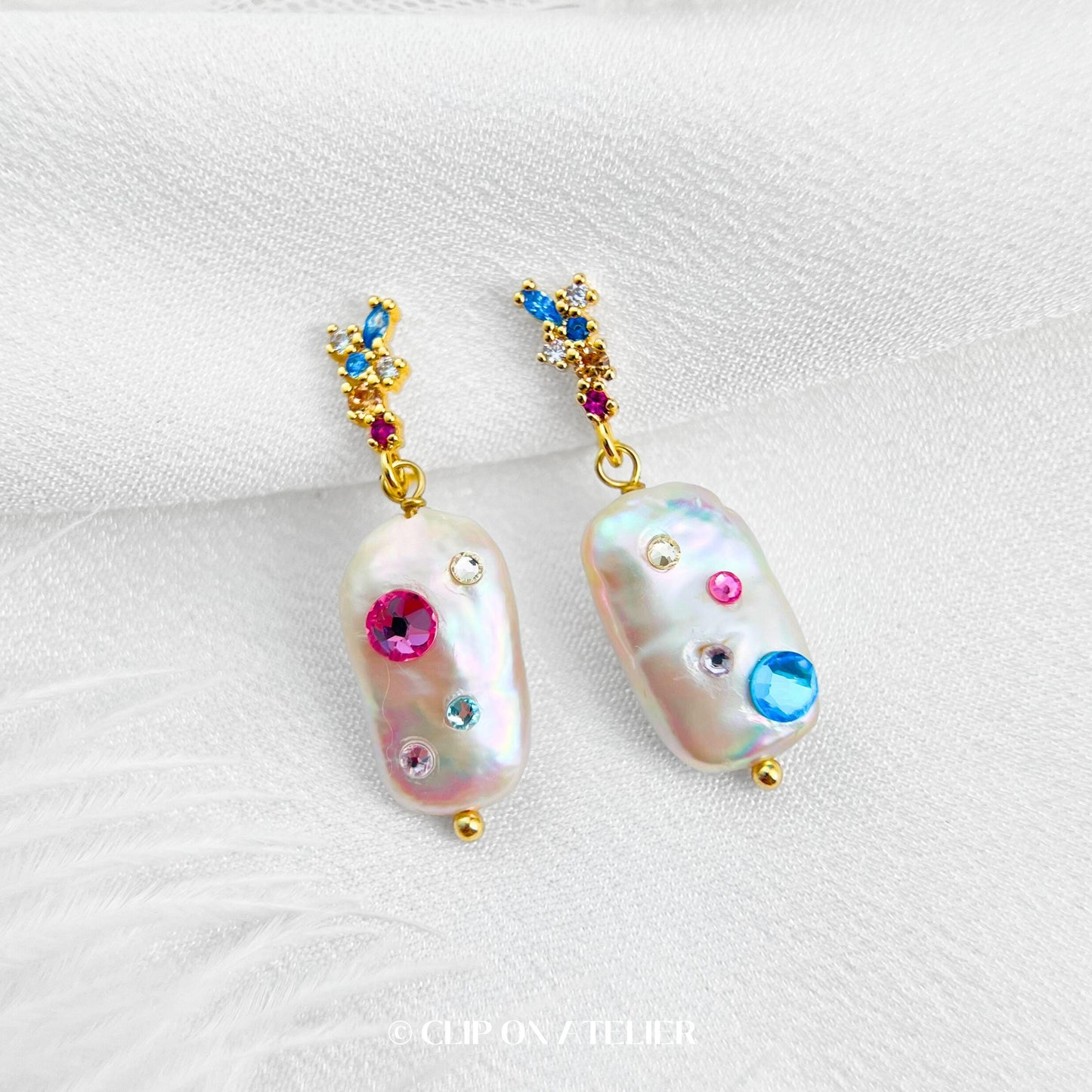 Clip On Earrings Natural Baroque Pearl Inlaid Color CZ Diamond