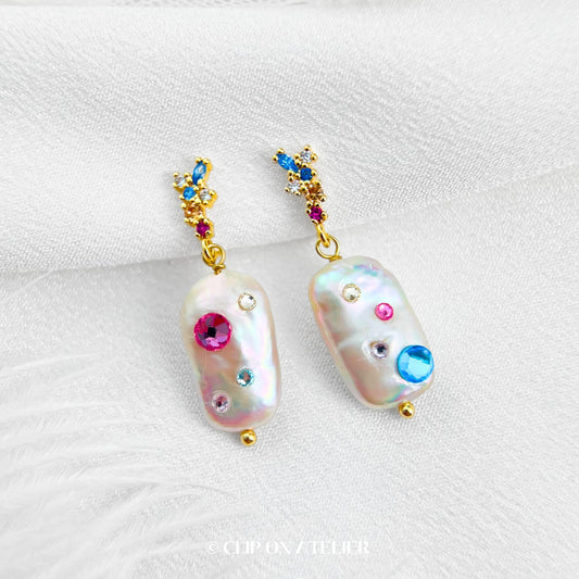 Clip On Earrings Natural Baroque Pearl Inlaid Color CZ Diamond