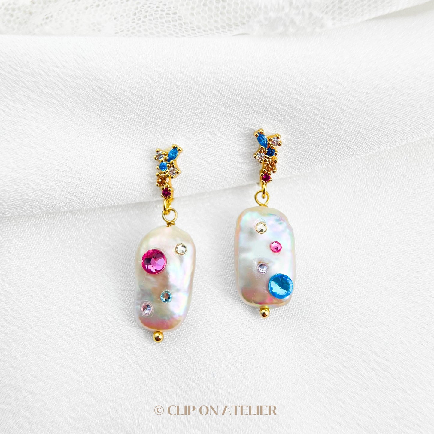 Clip On Earrings Natural Baroque Pearl Inlaid Color CZ Diamond