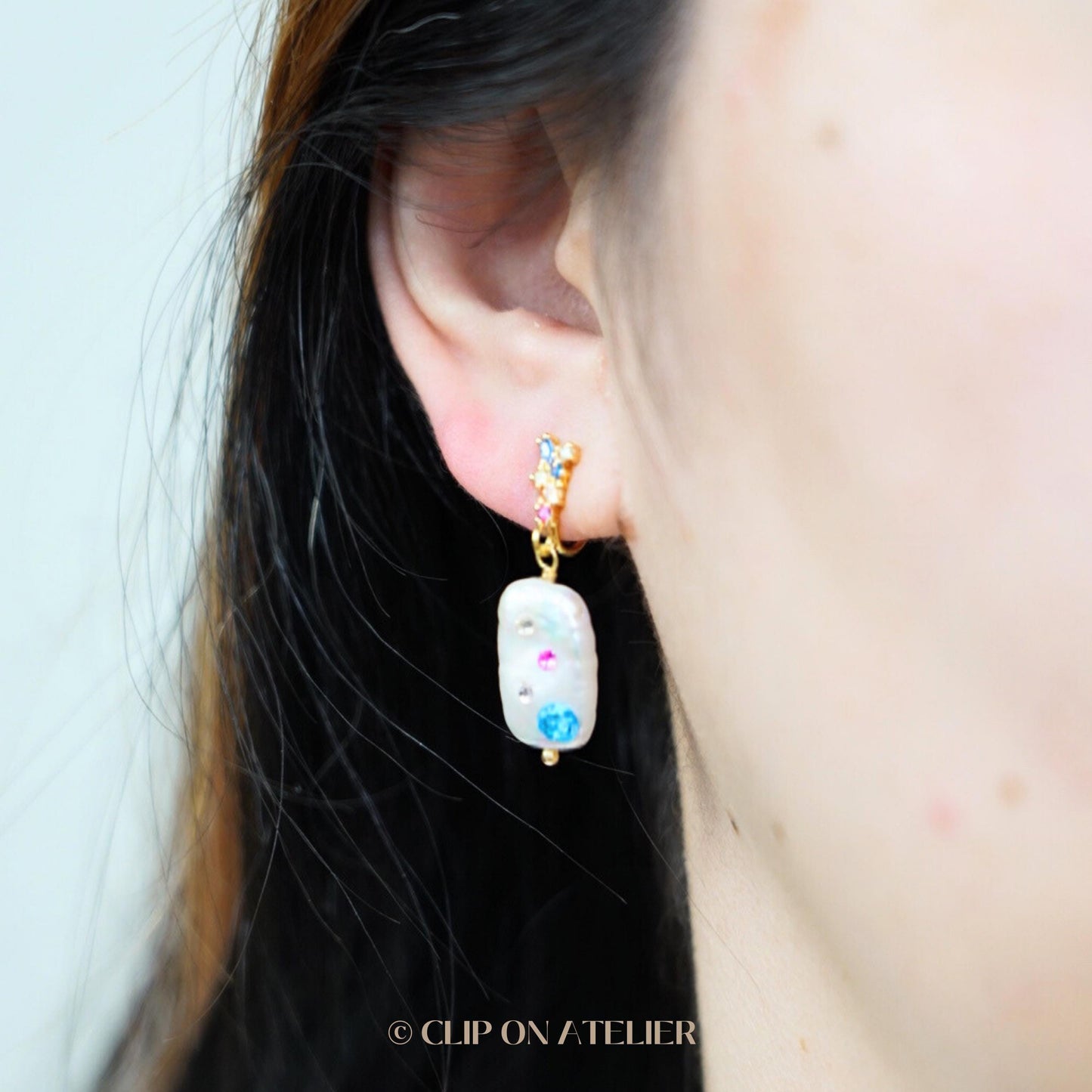 Clip On Earrings Natural Baroque Pearl Inlaid Color CZ Diamond