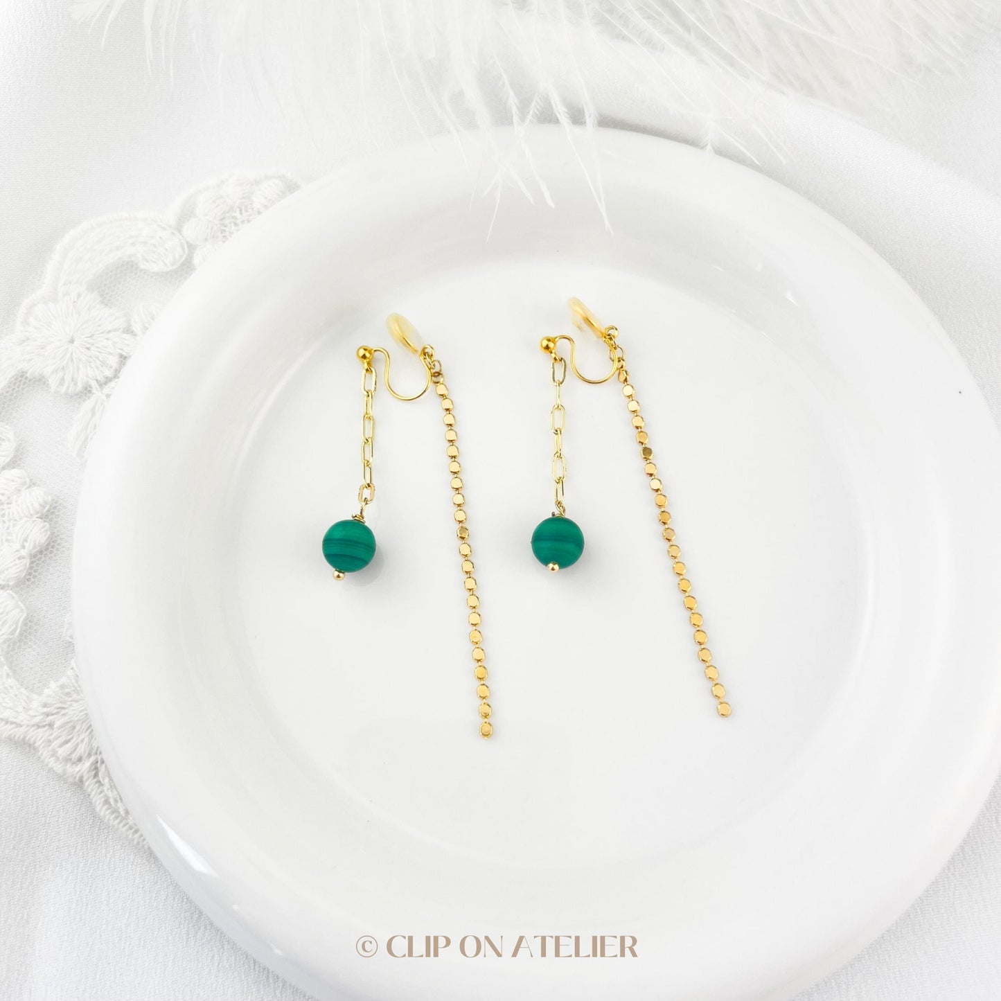 Boho Malachite Dangle Clip on Earrings