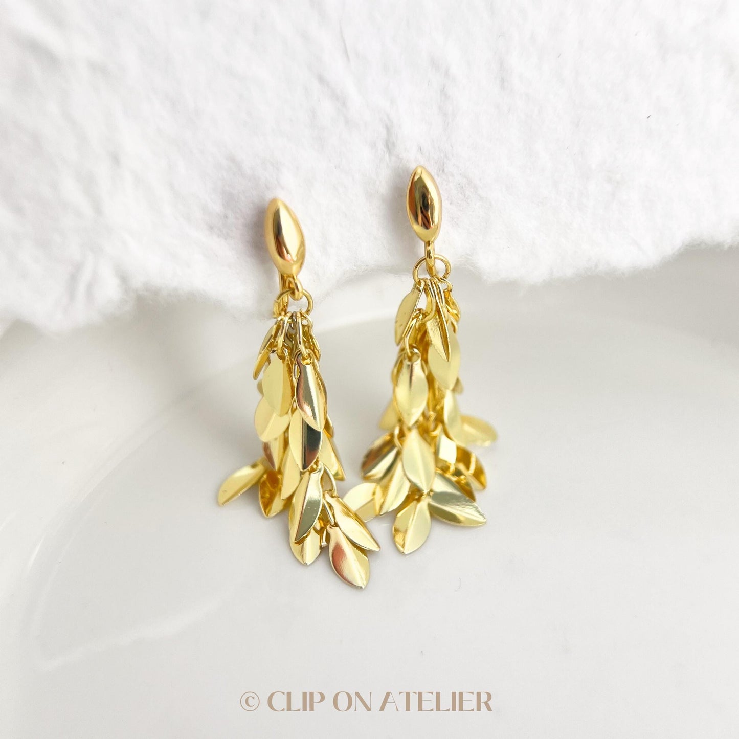 Clip On Earrings Gold Leaf Minimalist Tassel Chain Hoops Huggie Ear Clips Boho Ear Threader | Non Pierced Ears | Pain Free Coil Jewelry Gift