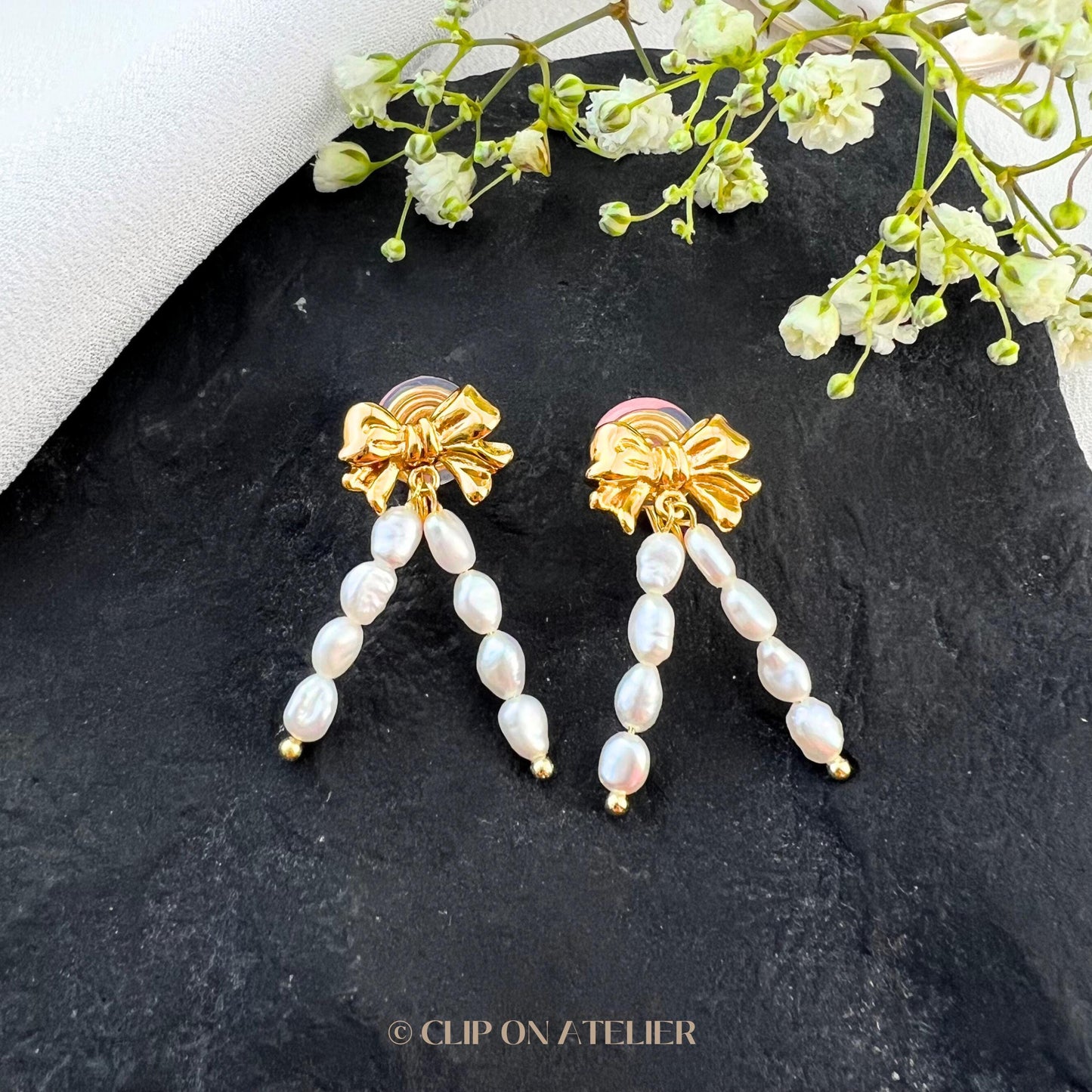 Pearl Bow Tie Clip On Earrings