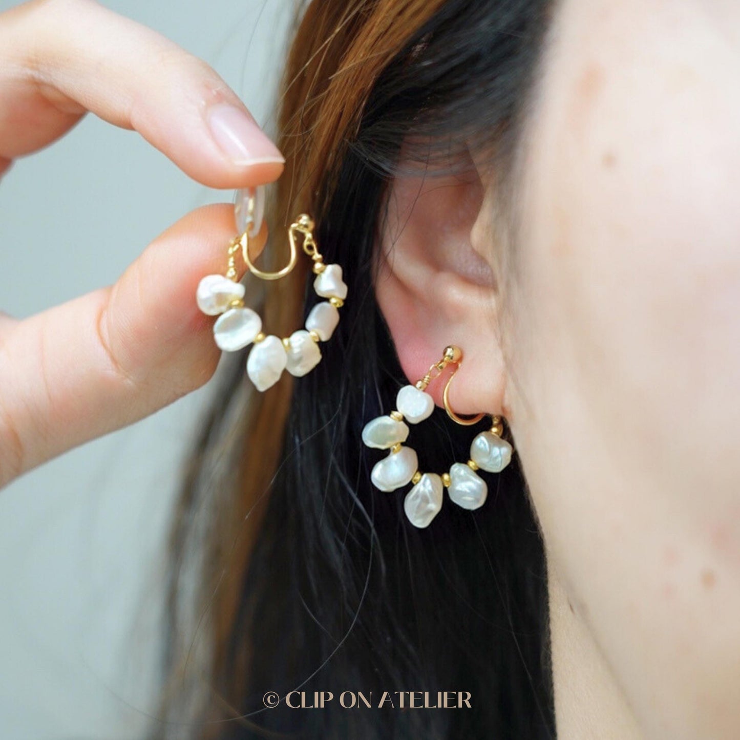 Natural Baroque Pearl Gold Hoop Clip On Earrings
