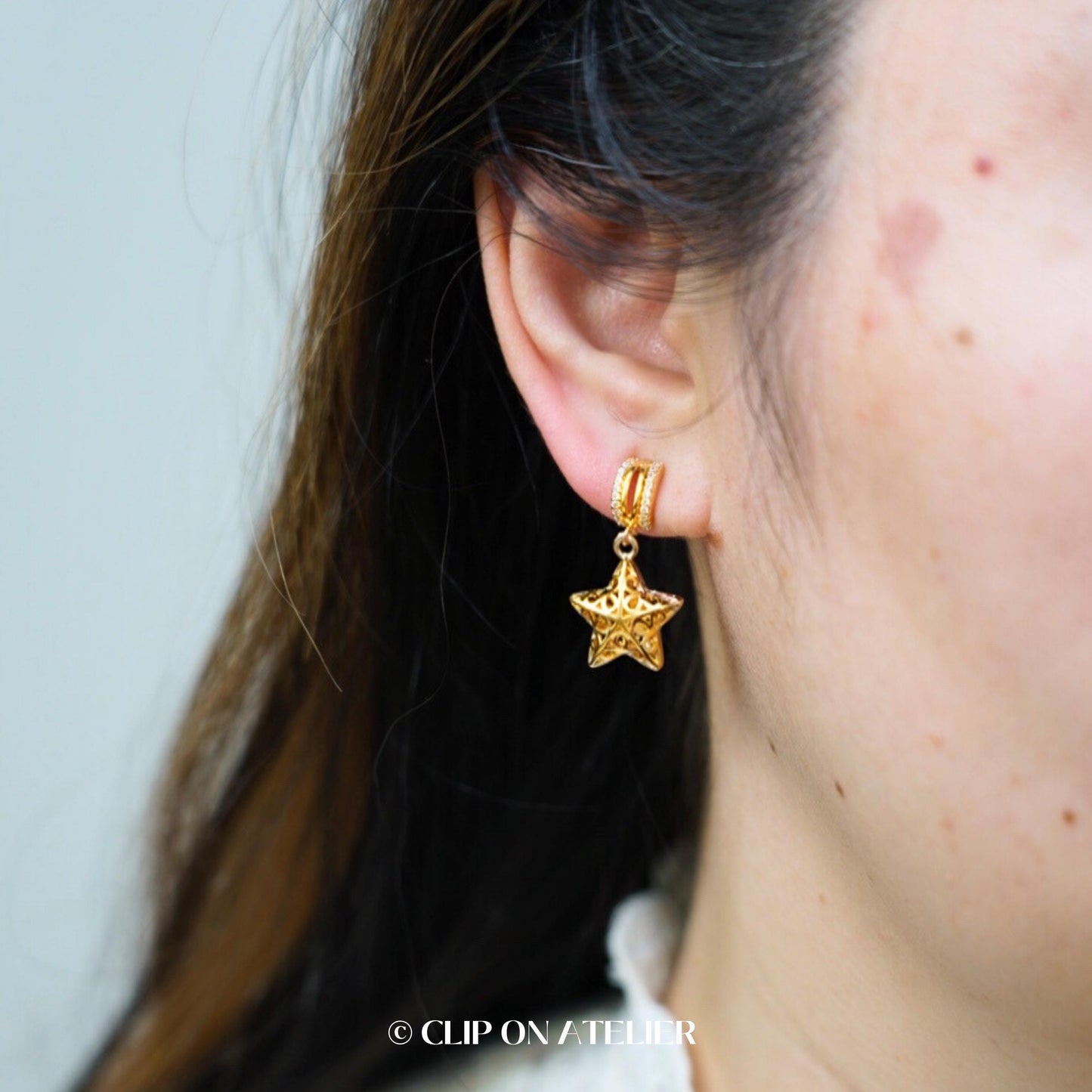 Clip On Earrings Minimalist Gold Hoop Star Starry CZ Diamond | Boho Dangle Drop Huggies Ear Clips No Pierced Ears|Chic Jewelry Gift For Her