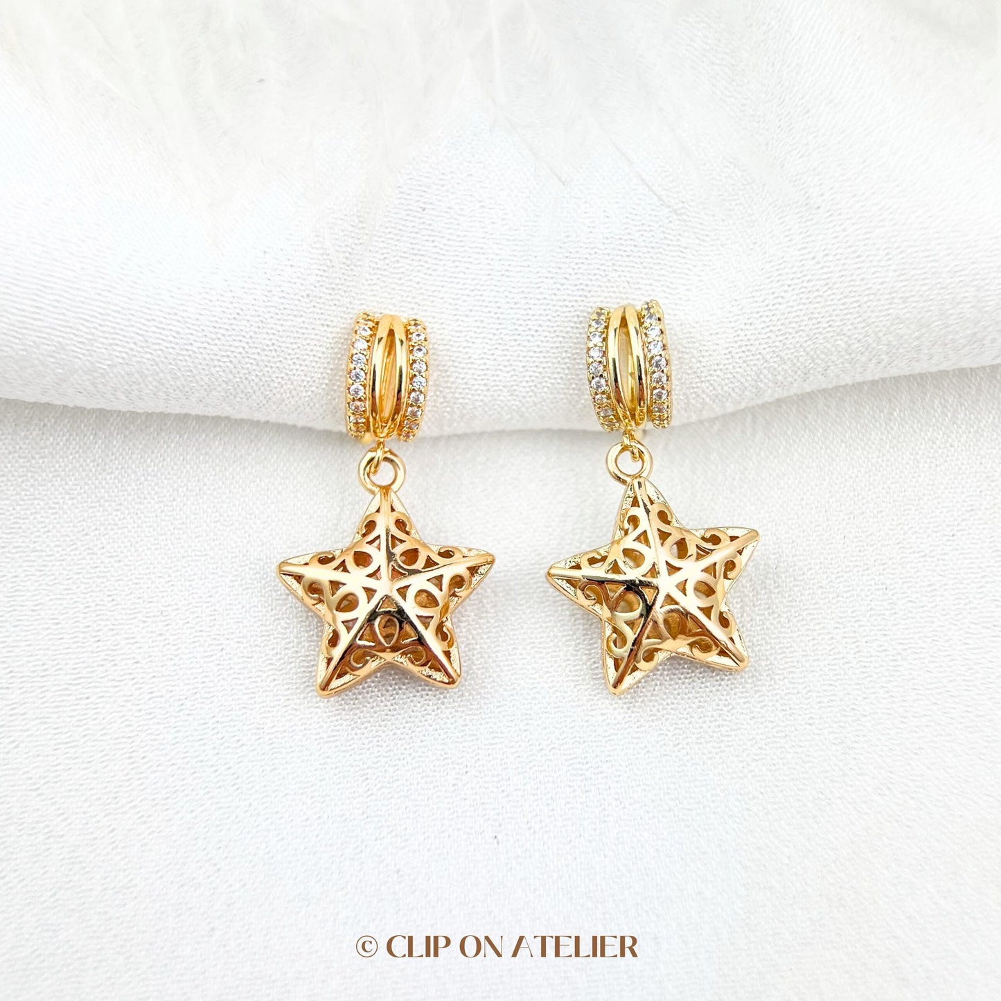 Clip On Earrings Minimalist Gold Hoop Star Starry CZ Diamond | Boho Dangle Drop Huggies Ear Clips No Pierced Ears|Chic Jewelry Gift For Her