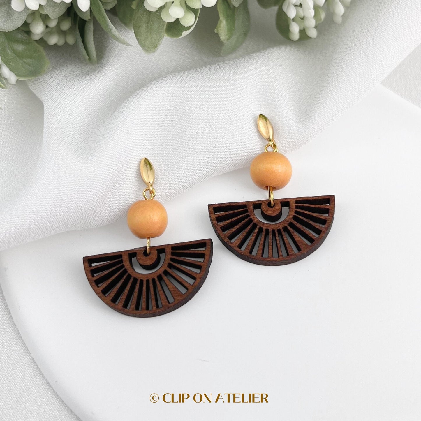 Clip On Earrings Minimalist Gold Wood Fan | Japanese Dangle Drop Boho Elegant Ear Clips | No Pierced Ears | Cute Fairy Jewelry Gift For Her