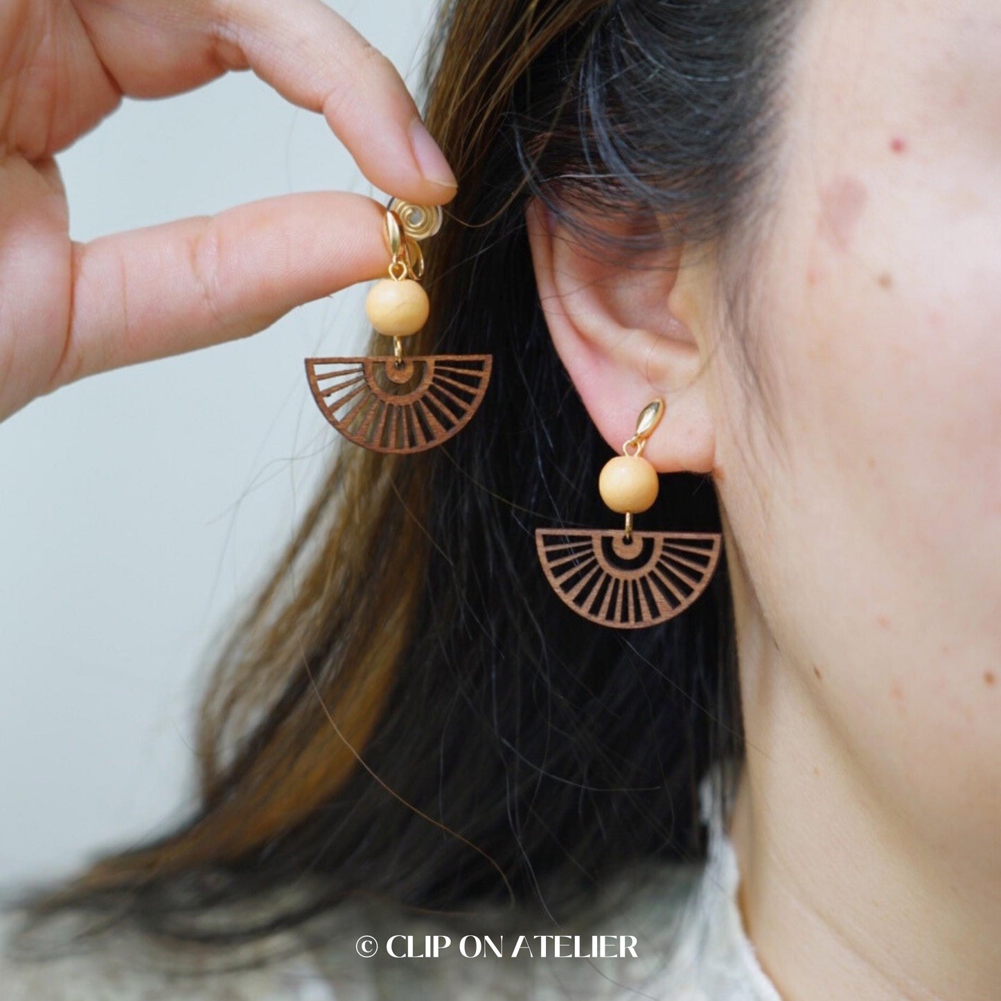 Clip On Earrings Minimalist Gold Wood Fan | Japanese Dangle Drop Boho Elegant Ear Clips | No Pierced Ears | Cute Fairy Jewelry Gift For Her