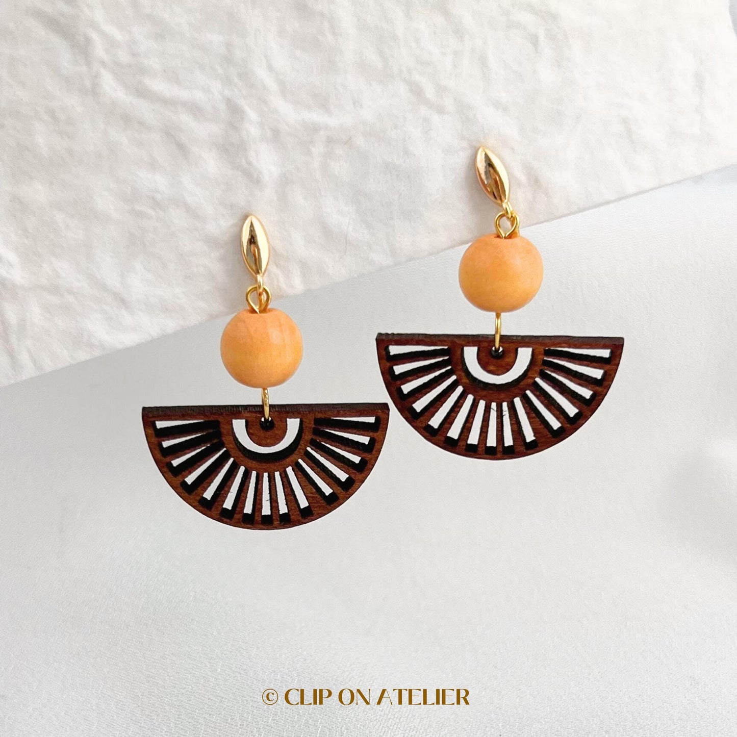 Clip On Earrings Minimalist Gold Wood Fan | Japanese Dangle Drop Boho Elegant Ear Clips | No Pierced Ears | Cute Fairy Jewelry Gift For Her