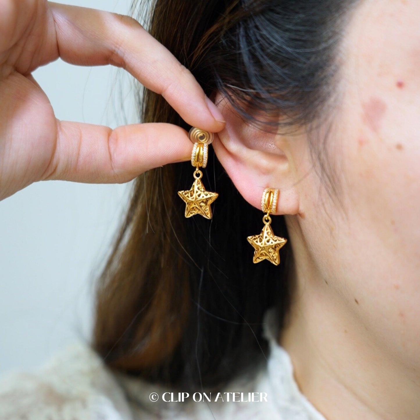 Clip On Earrings Minimalist Gold Hoop Star Starry CZ Diamond | Boho Dangle Drop Huggies Ear Clips No Pierced Ears|Chic Jewelry Gift For Her