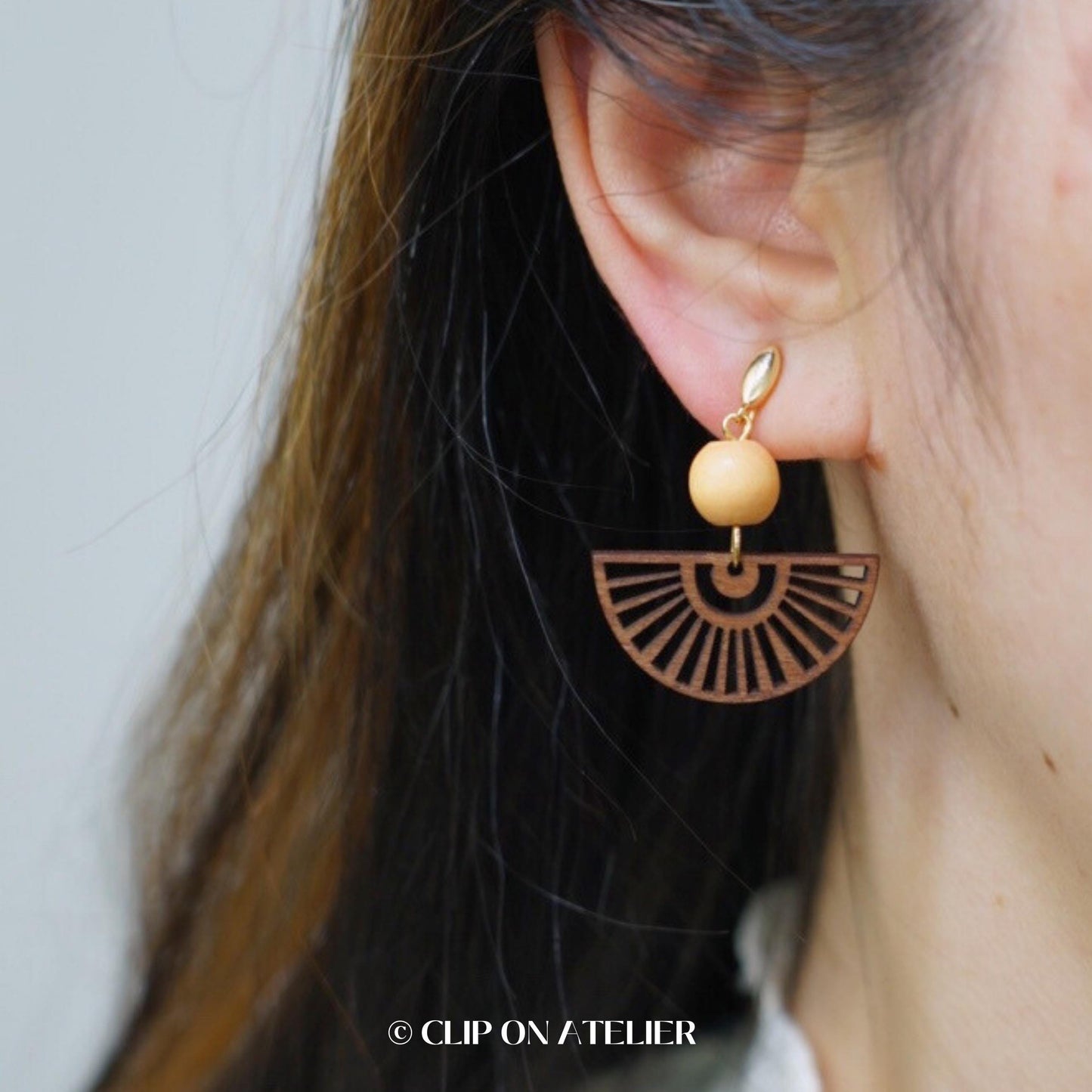 Clip On Earrings Minimalist Gold Wood Fan | Japanese Dangle Drop Boho Elegant Ear Clips | No Pierced Ears | Cute Fairy Jewelry Gift For Her