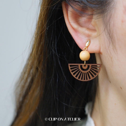 Clip On Earrings Minimalist Gold Wood Fan | Japanese Dangle Drop Boho Elegant Ear Clips | No Pierced Ears | Cute Fairy Jewelry Gift For Her