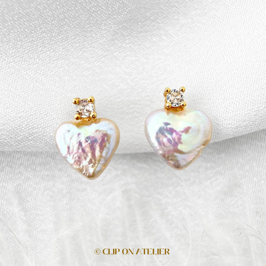 Natural Pearl Heart Clip On Earrings