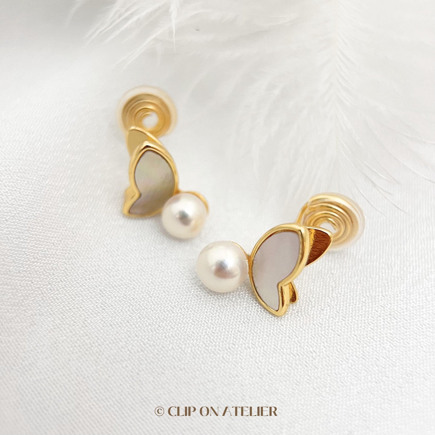 Pearl Butterfly Clip On Earrings