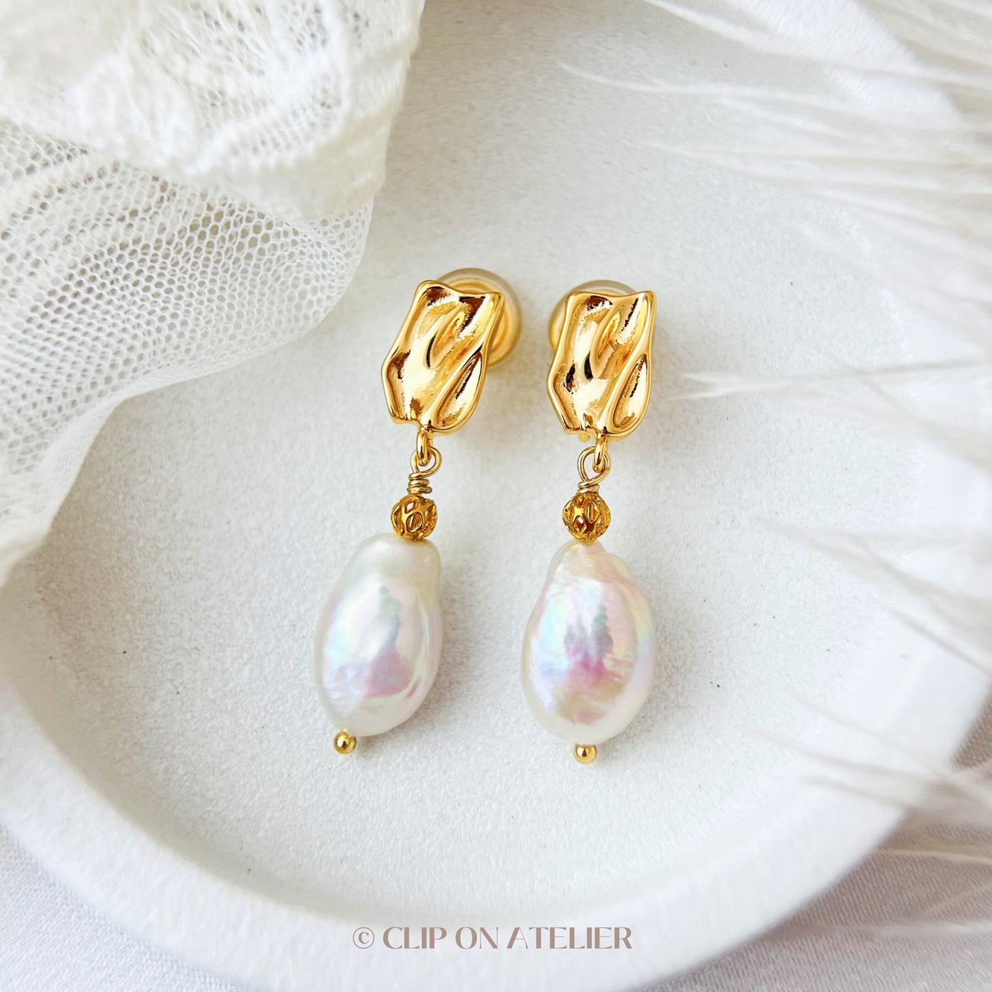 Baroque Pearl Gold Clip On Earrings