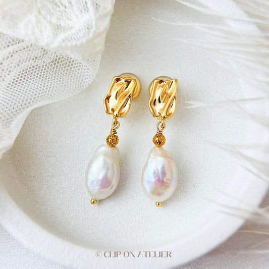 Baroque Pearl Gold Clip On Earrings
