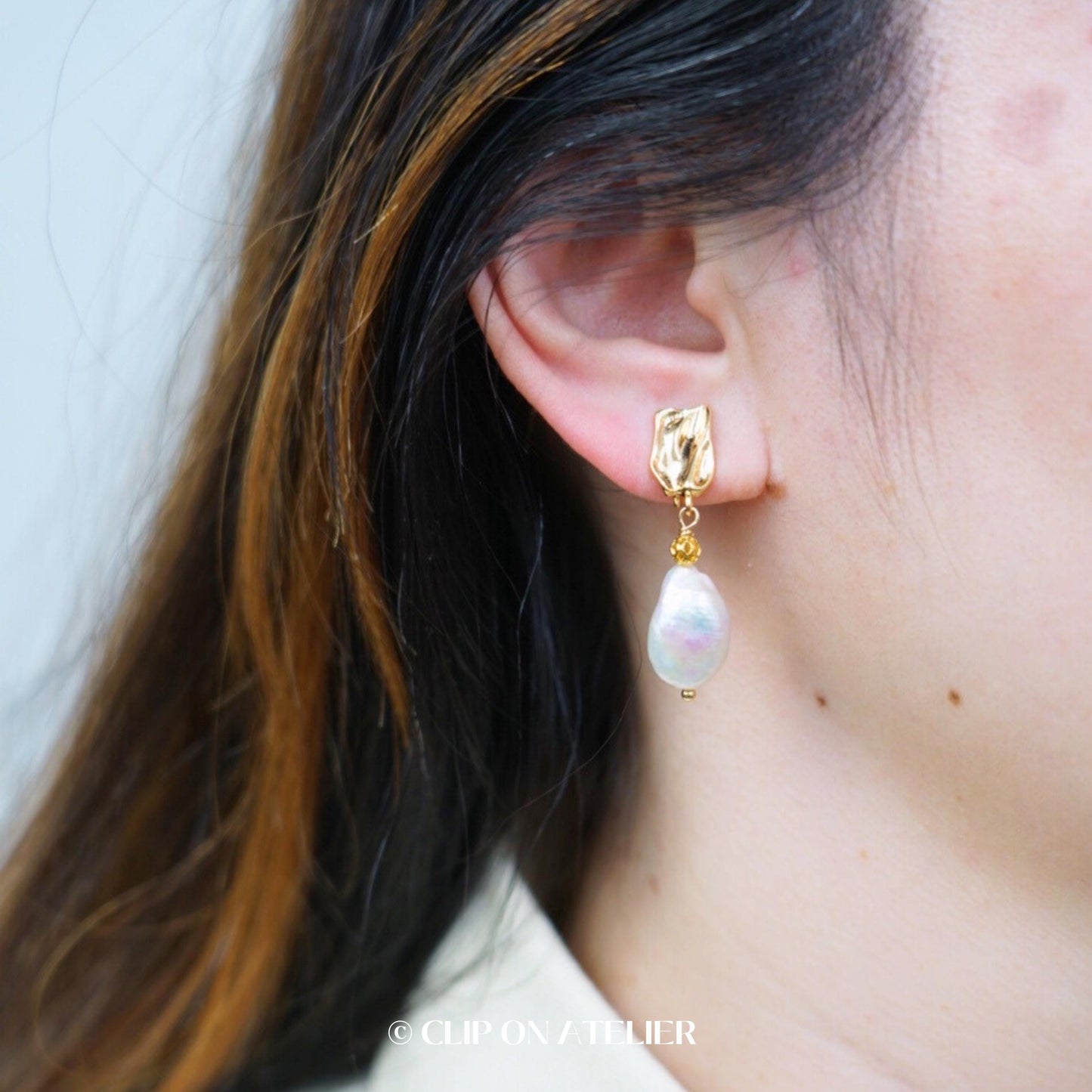 Baroque Pearl Gold Clip On Earrings