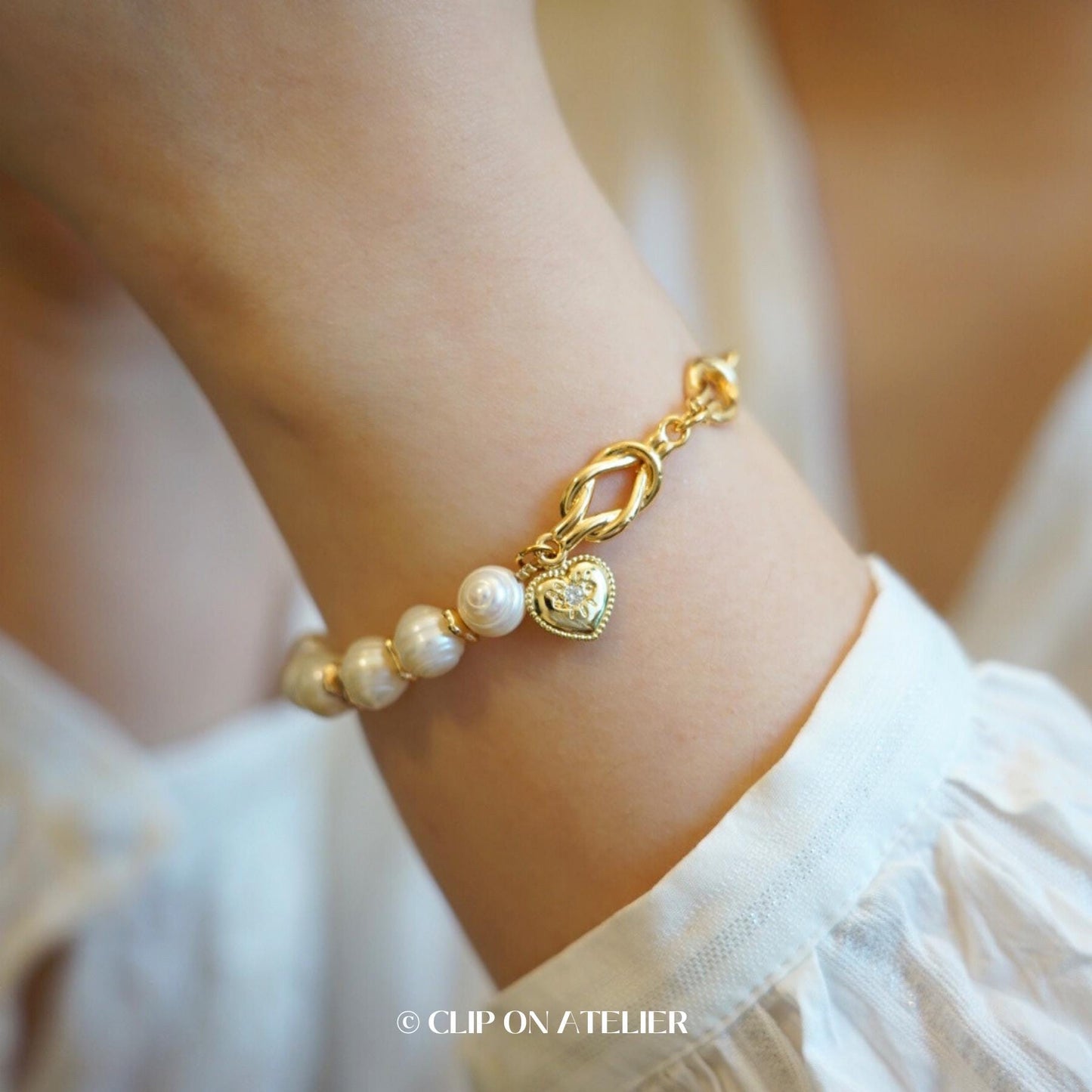 Half Chain Pearl Bracelet: 14K Gold Plated Heart Toggle Clasp, Minimalist Boho