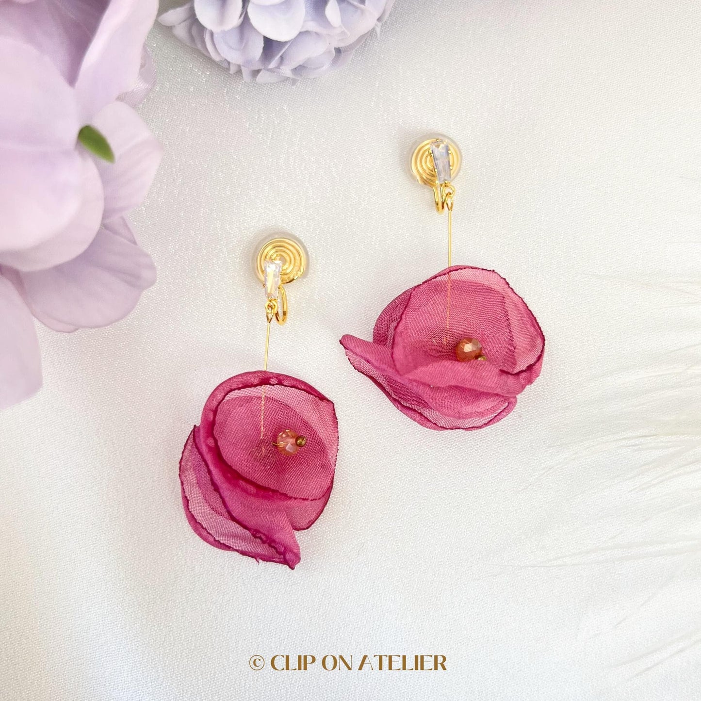 Fairy Sheer Fabric Flower Clip On Earrings