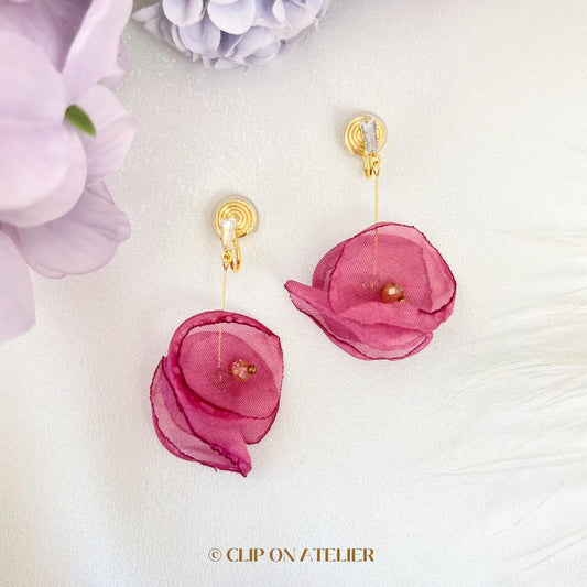 Fairy Sheer Fabric Flower Clip On Earrings