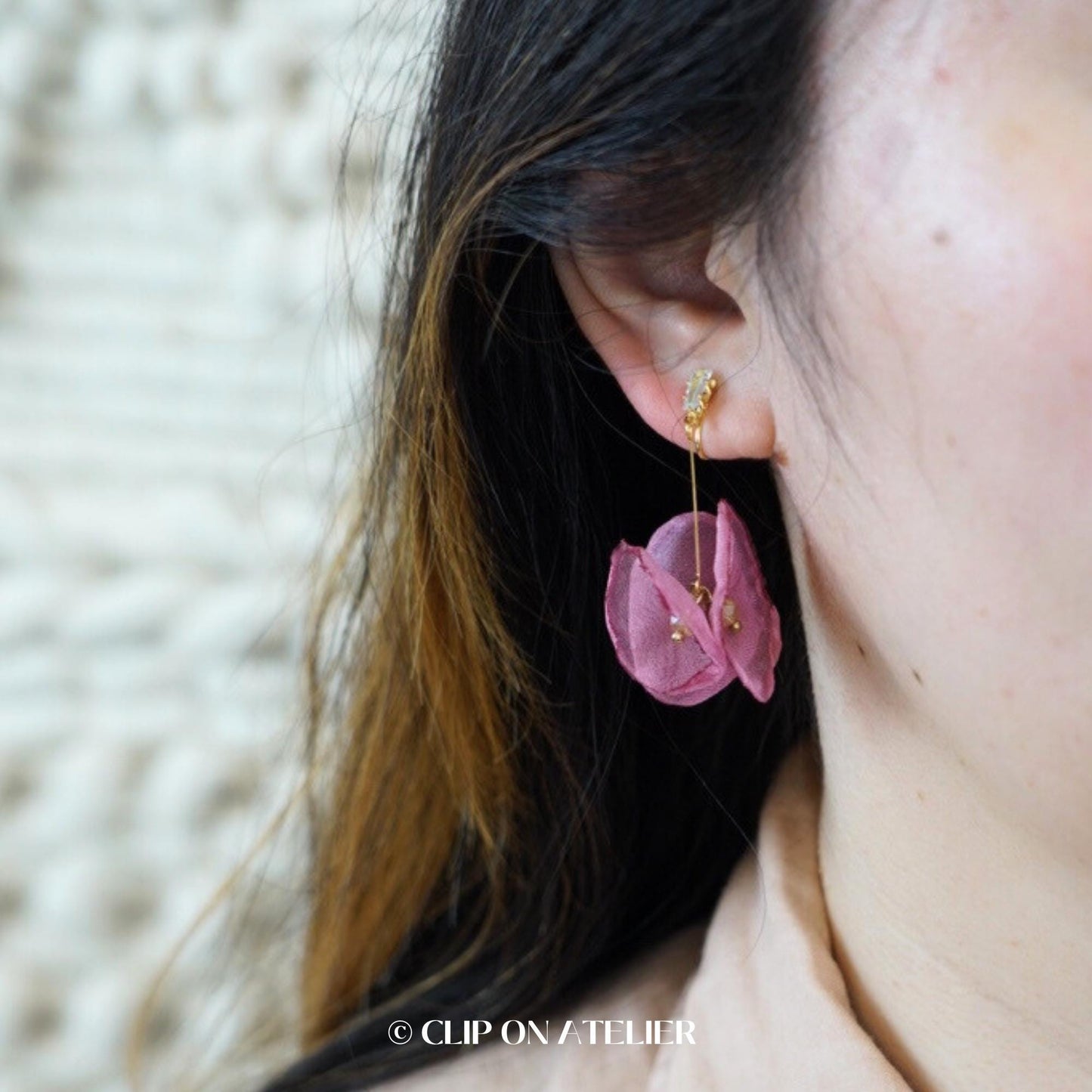 Fairy Sheer Fabric Flower Clip On Earrings