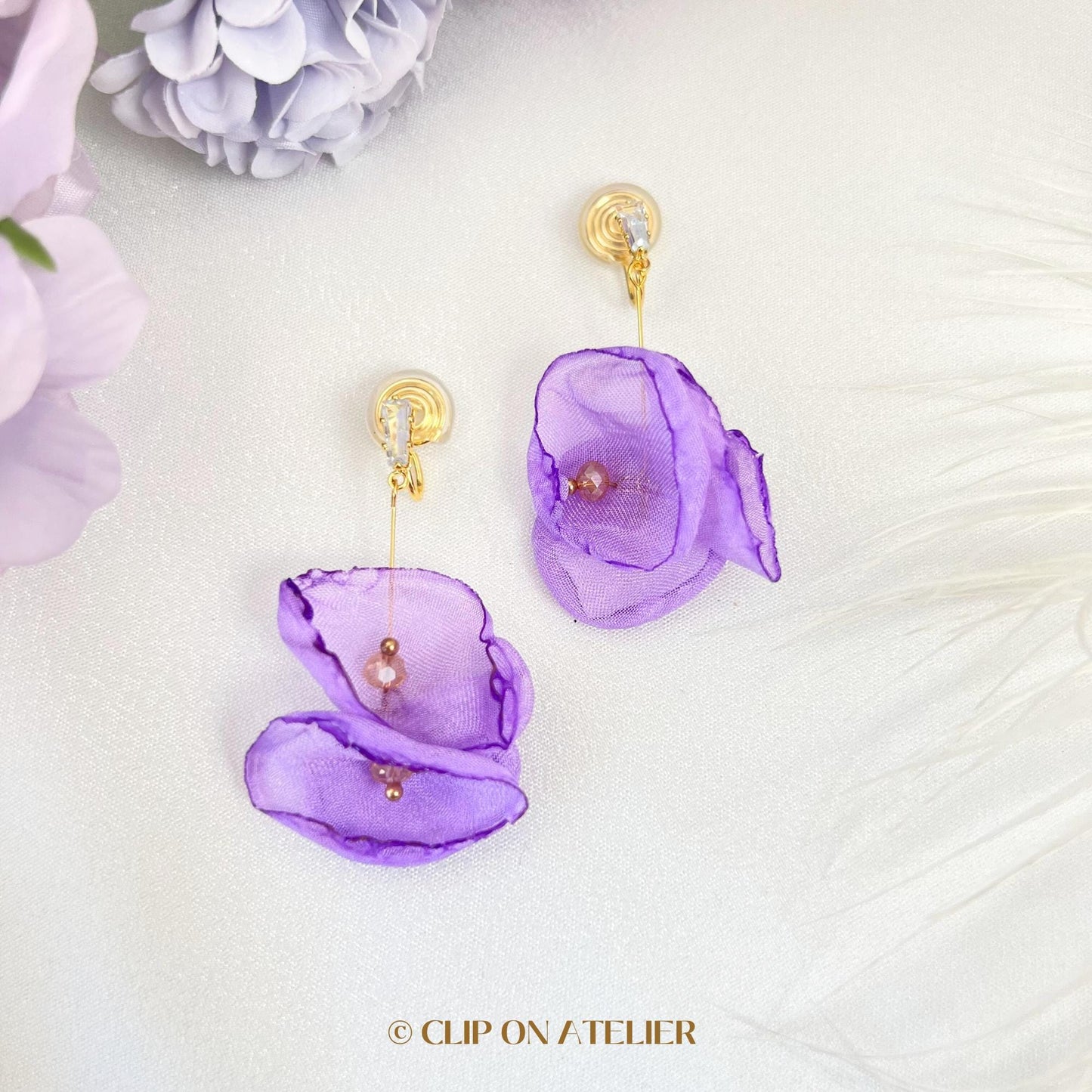 Fairy Sheer Fabric Flower Clip On Earrings
