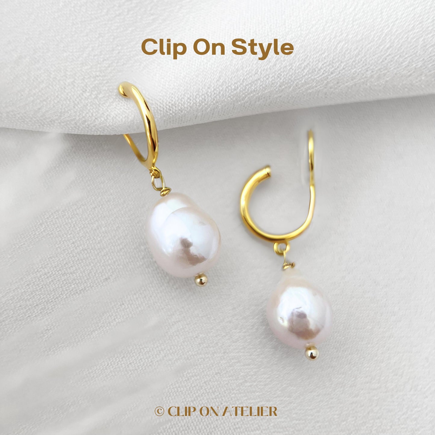 Clip On Earrings Natural Baroque Freshwater Pearl 14K Gold Plated Hoop Ear Clips | Pain Free Coil | Non Pierced Ears | Wedding Jewelry Gift