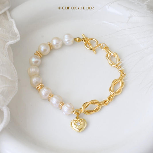 Half Chain Pearl Bracelet: 14K Gold Plated Heart Toggle Clasp, Minimalist Boho