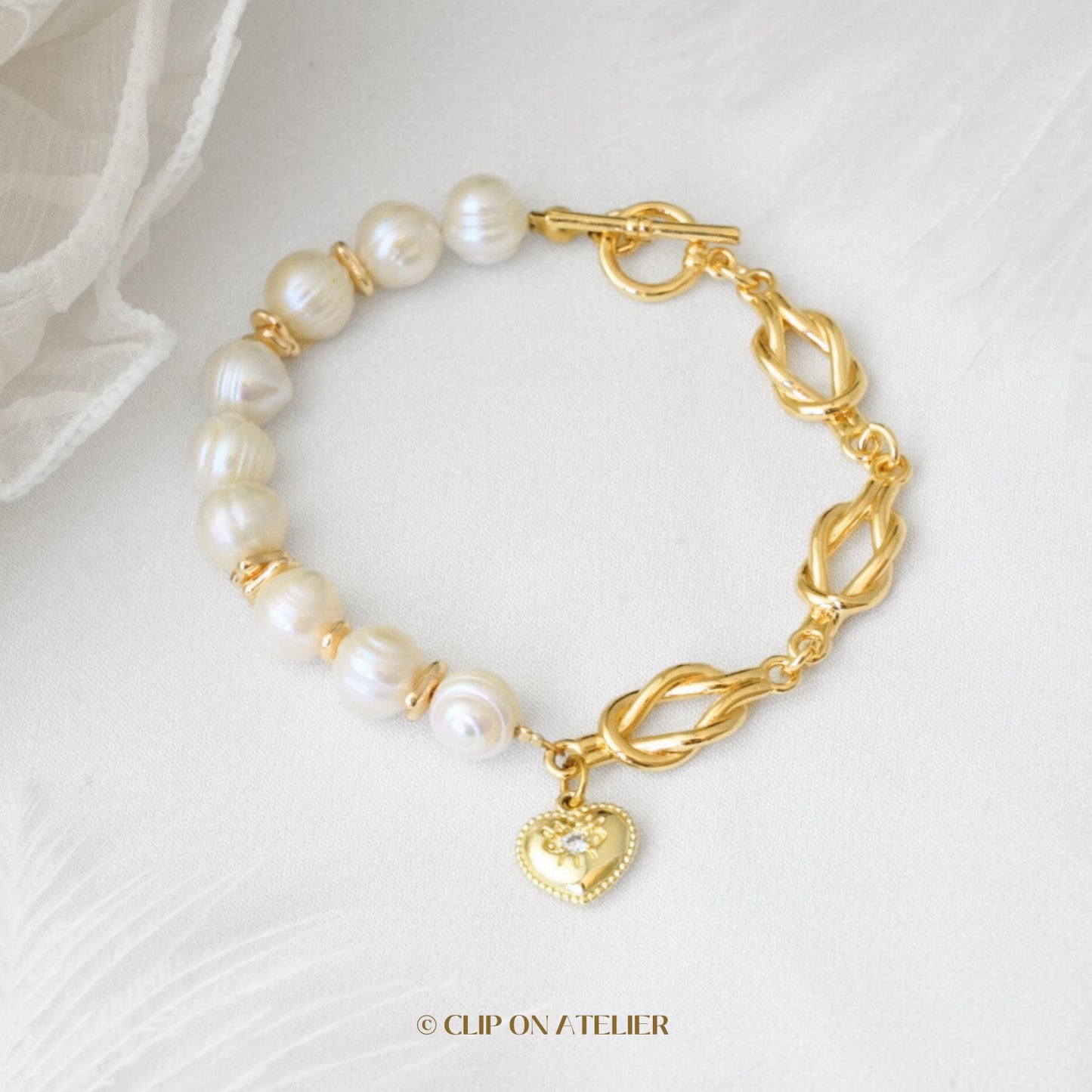 Half Chain Pearl Bracelet: 14K Gold Plated Heart Toggle Clasp, Minimalist Boho