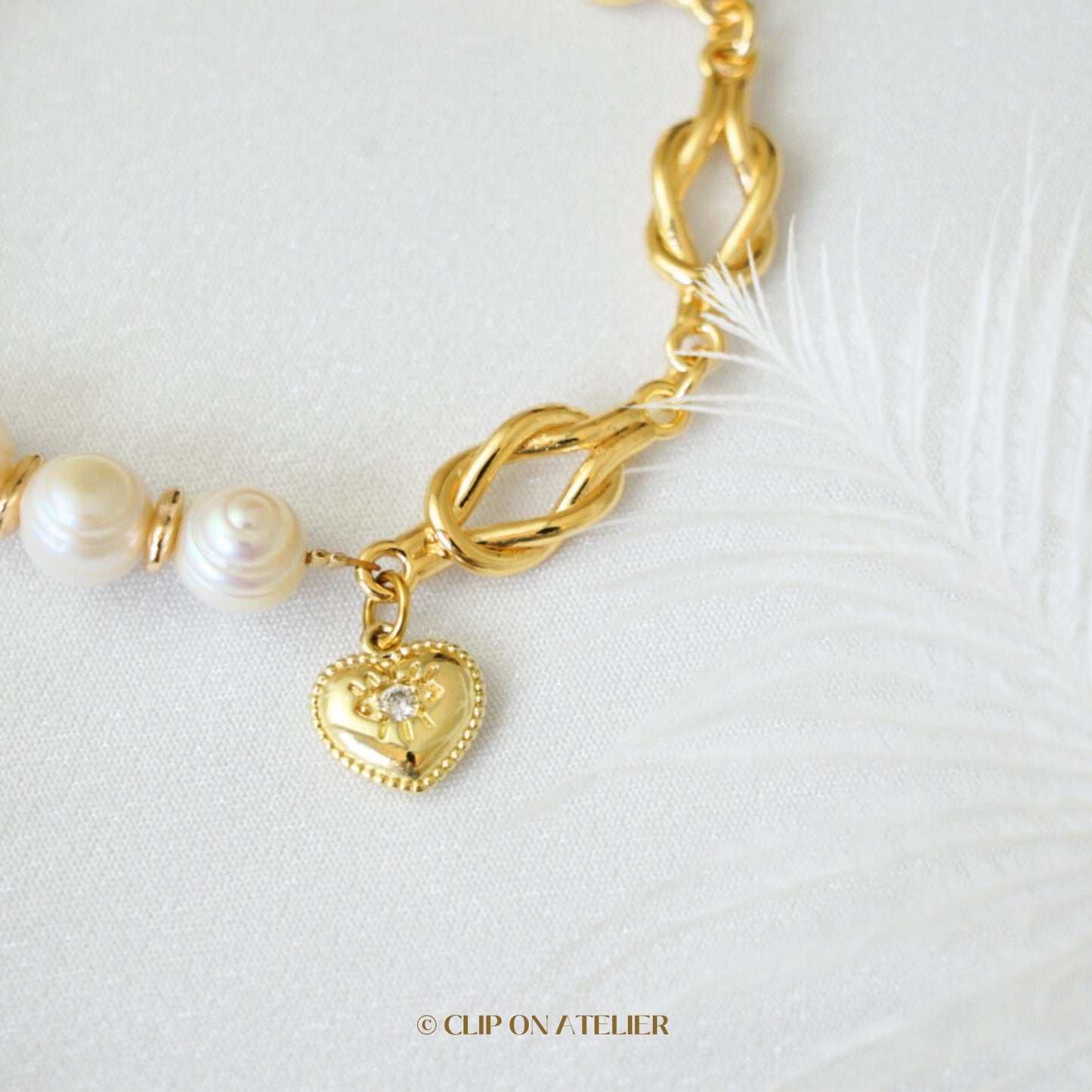 Half Chain Pearl Bracelet: 14K Gold Plated Heart Toggle Clasp, Minimalist Boho