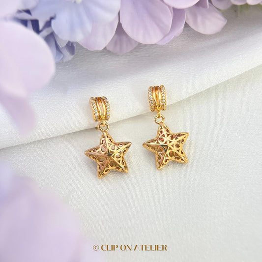Clip On Earrings Minimalist Gold Hoop Star Starry CZ Diamond | Boho Dangle Drop Huggies Ear Clips No Pierced Ears|Chic Jewelry Gift For Her