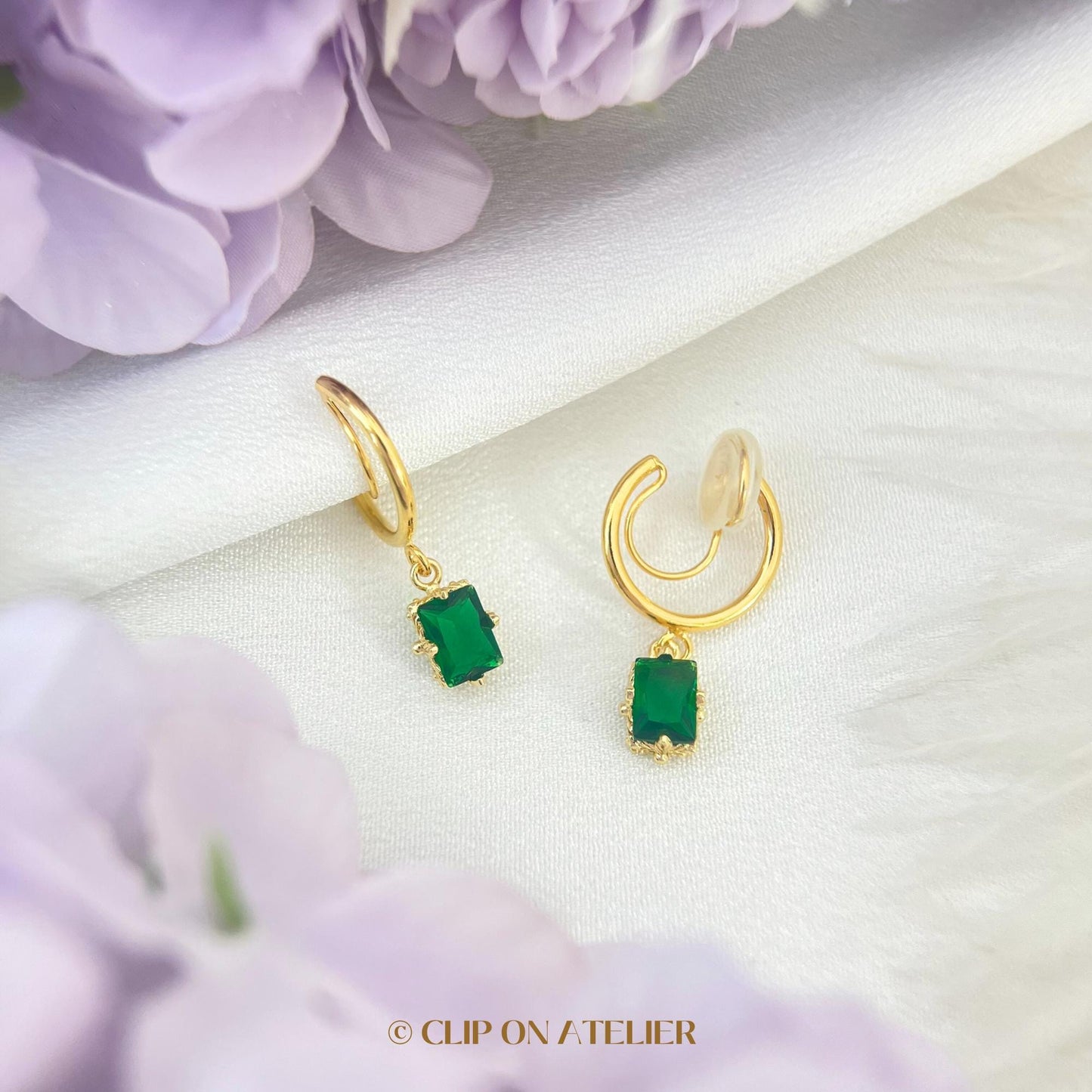 Clip On Earrings Minimalist Gold Hoop Emerald Green Baguette Huggies, Boho Ear Clips Non Pierced Ears No Piercing, Dainty Jewelry Gift Prom