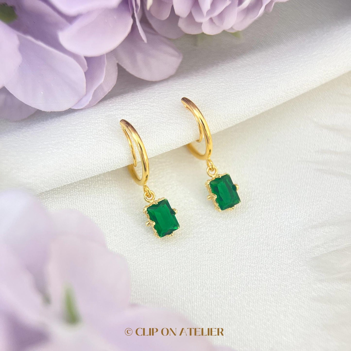 Clip On Earrings Minimalist Gold Hoop Emerald Green Baguette Huggies, Boho Ear Clips Non Pierced Ears No Piercing, Dainty Jewelry Gift Prom