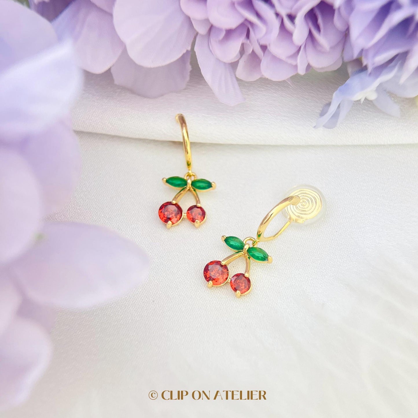 Cherry Gold Hoop Clip On Earrings