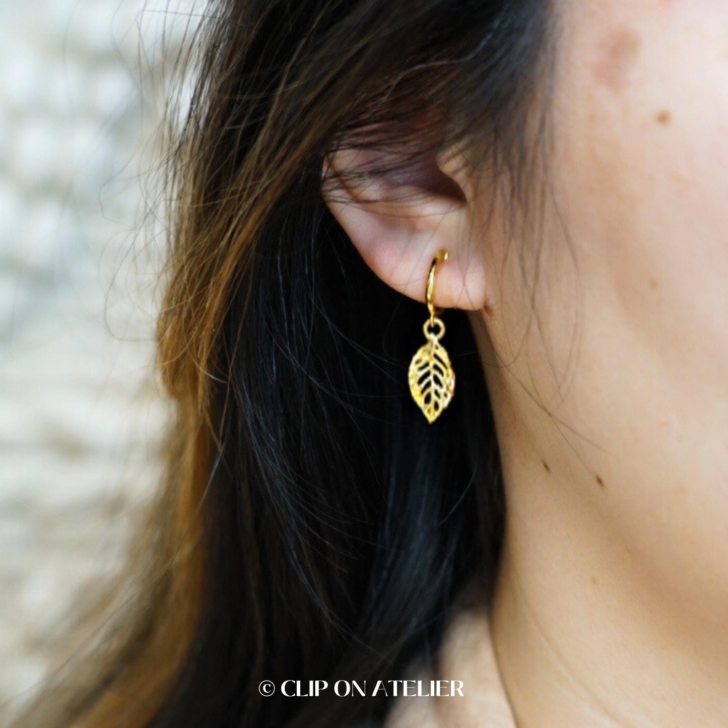 Clip On Earrings Minimalist Gold Hoop Boho Leaf Huggies Dainty Drop Clipon | Non Pierced Ears No Piercing | Wedding Jewelry Gift For Her
