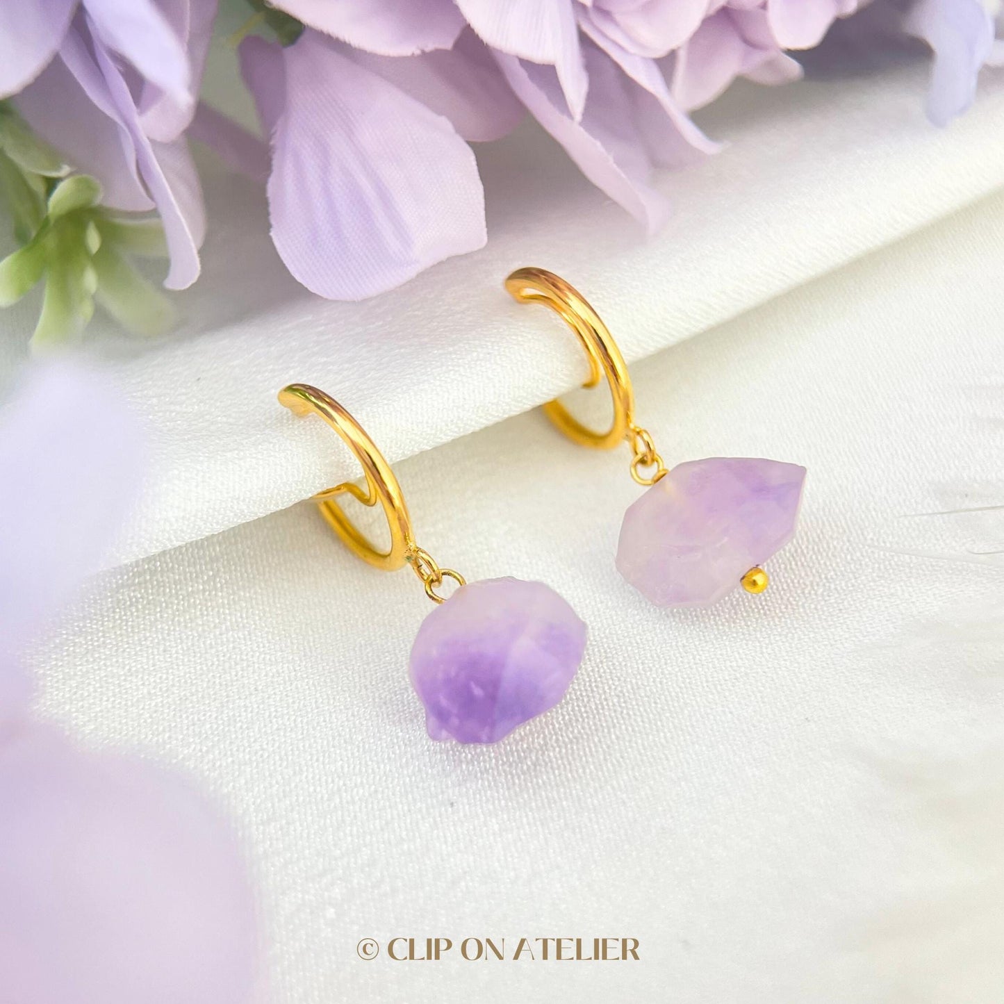 Gold Hoop Gemstone Clip On Earrings:  Raw Amethyst, Dangle Boho Fairy Style, Non Pierced Ears