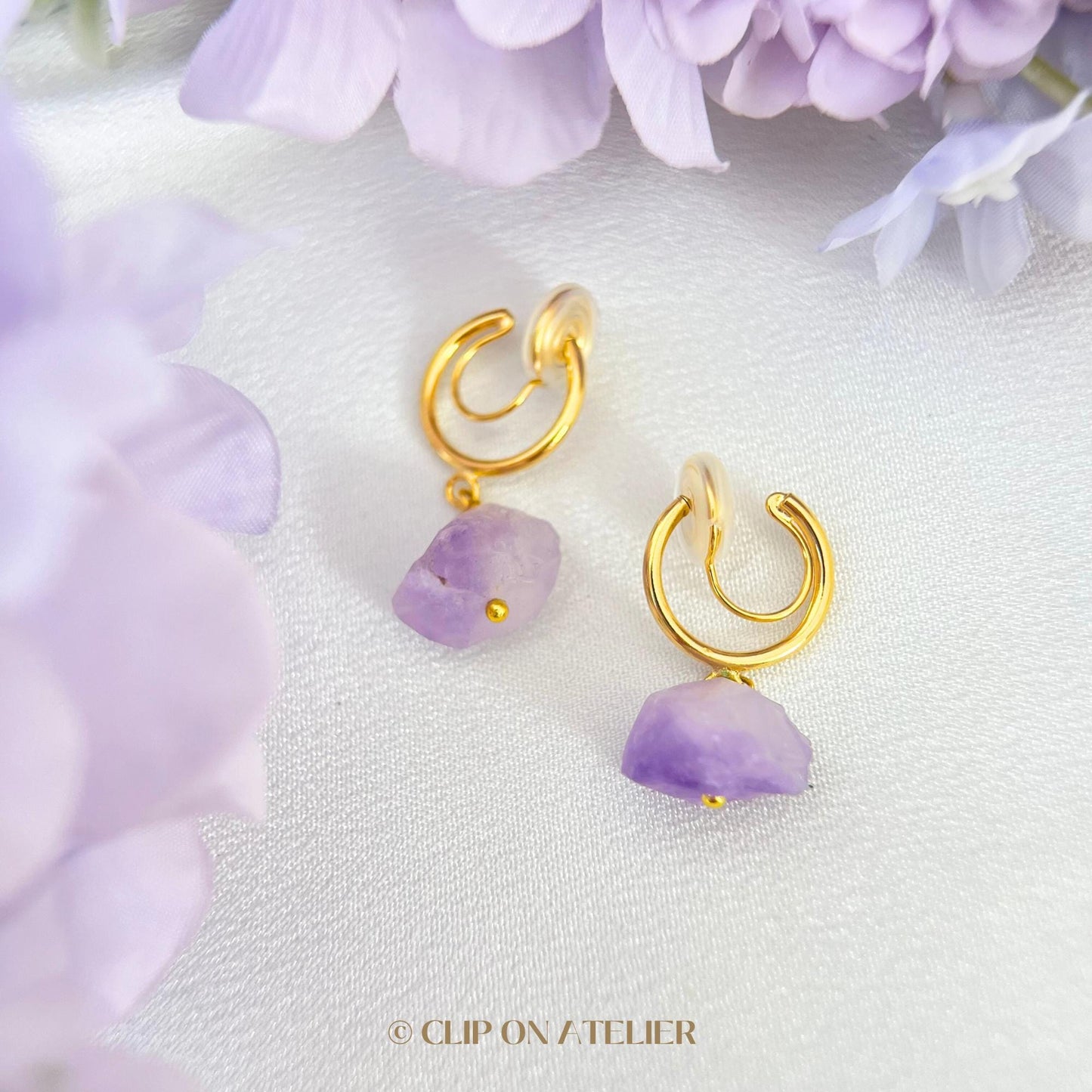 Gold Hoop Gemstone Clip On Earrings:  Raw Amethyst, Dangle Boho Fairy Style, Non Pierced Ears