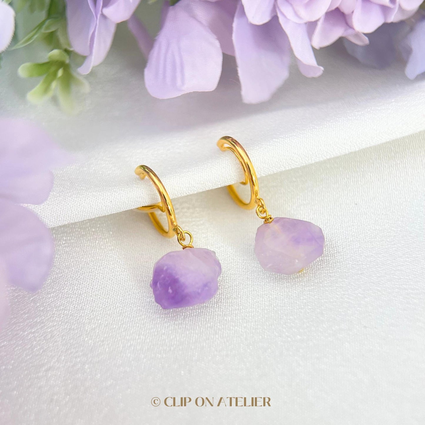 Gold Hoop Gemstone Clip On Earrings:  Raw Amethyst, Dangle Boho Fairy Style, Non Pierced Ears