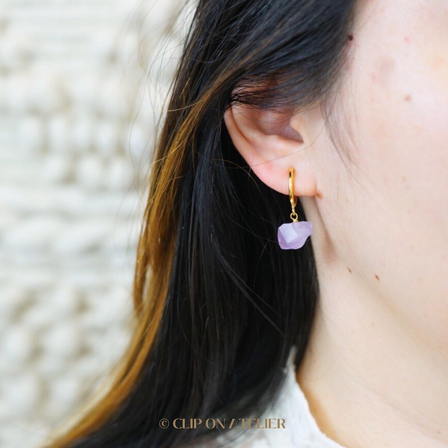 Gold Hoop Gemstone Clip On Earrings:  Raw Amethyst, Dangle Boho Fairy Style, Non Pierced Ears