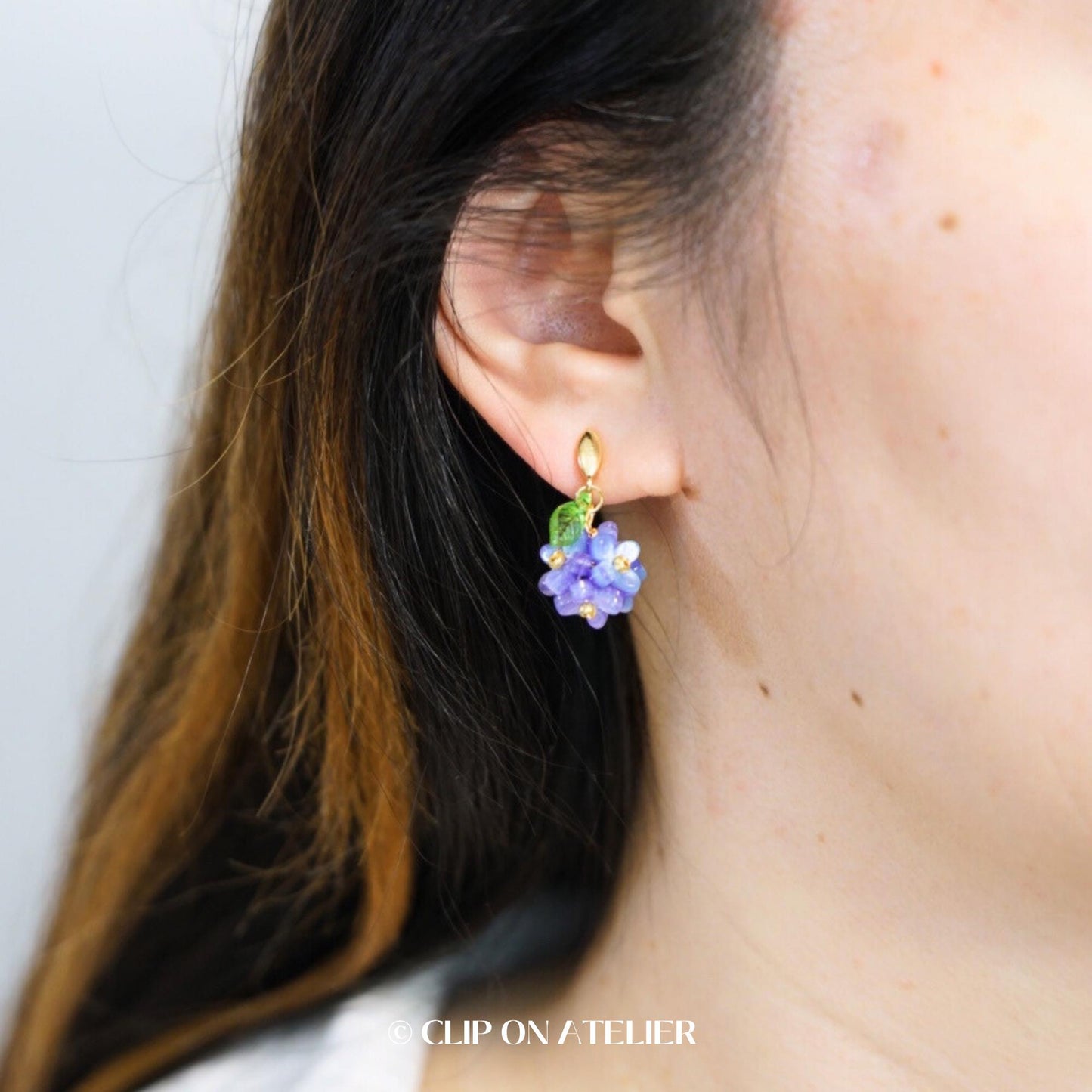 Clip On Earrings Hydrangea, Gold Drop Boho Fairy Blue Cute Floral Ear Clips, Non Pierced Ears No Piercing, Jewelry Gift For Her Flower Girl